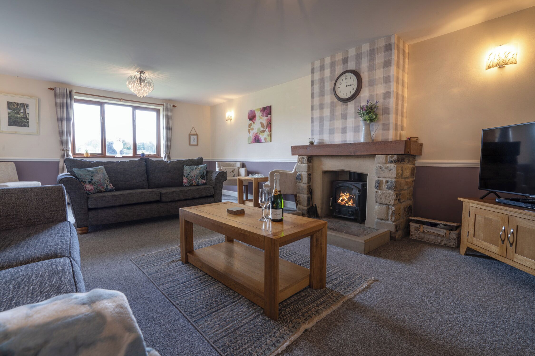 Smart TV, fireplace, video games, DVD player