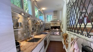 A modern kitchen with a stainless steel oven, a built-in sink, and a wooden countertop. - 5-star villa. Air-conditioned. Secure. Exceptional sea view, Swimming pool (Saint-Raphaël)