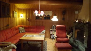 TV, fireplace, DVD player, books
