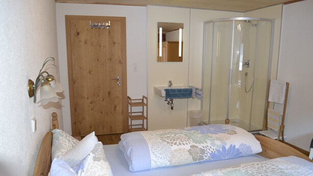 A bedroom with two beds, a wooden door, a bathroom with a sink and mirror, and a shower area.