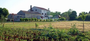Uma casa de pedra com telhado vermelho, rodeada por um jardim e um campo.