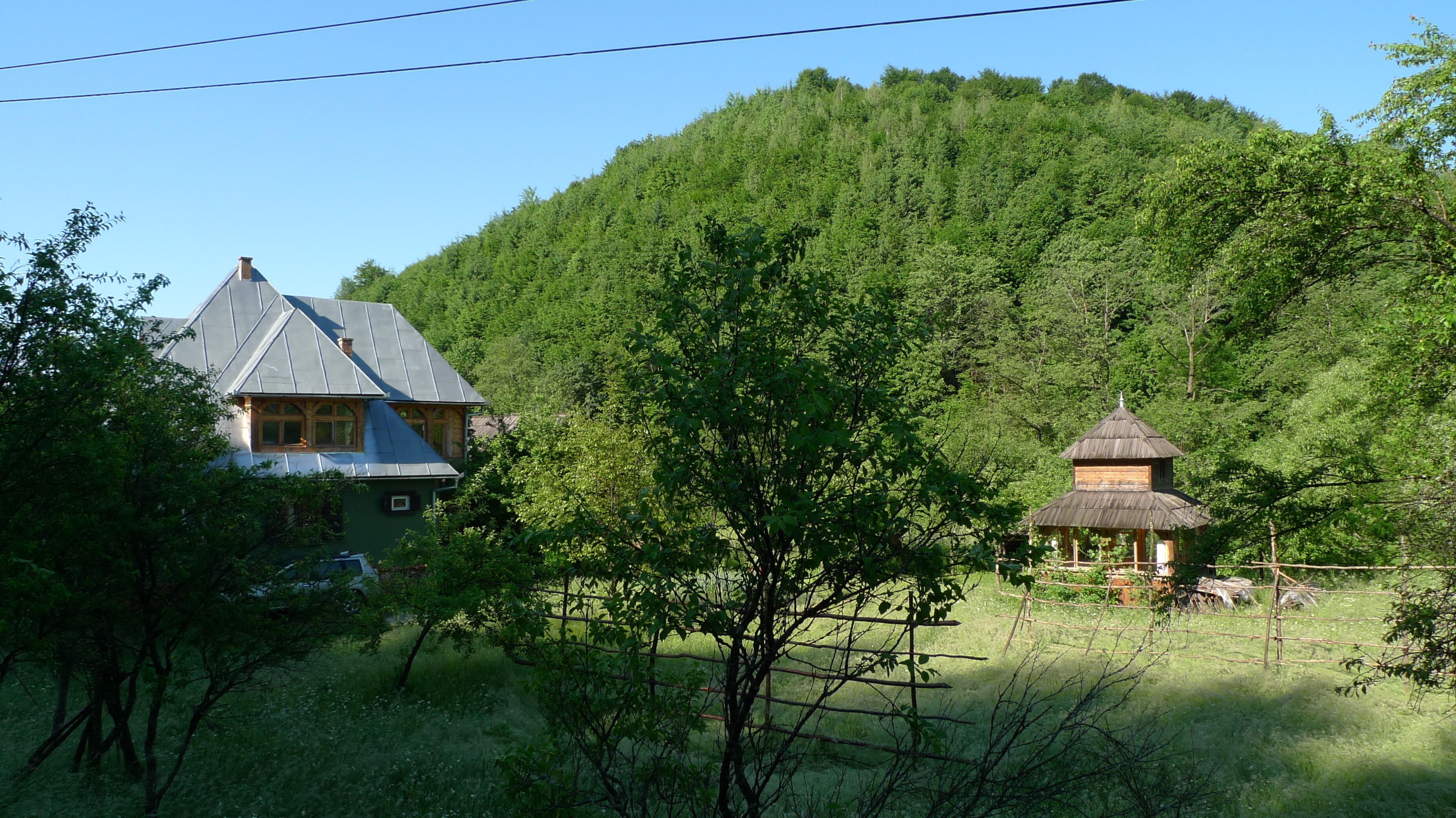 A house with a sloped roof and a small wooden structure in a forested area.