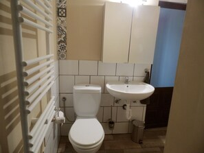 A bathroom with a toilet, sink, and a trash can. - Holidays at Godendorfer See 300m, rowing boat, dog on request, fireplace, 2x toilet, 2 bedrooms (Godendorf)