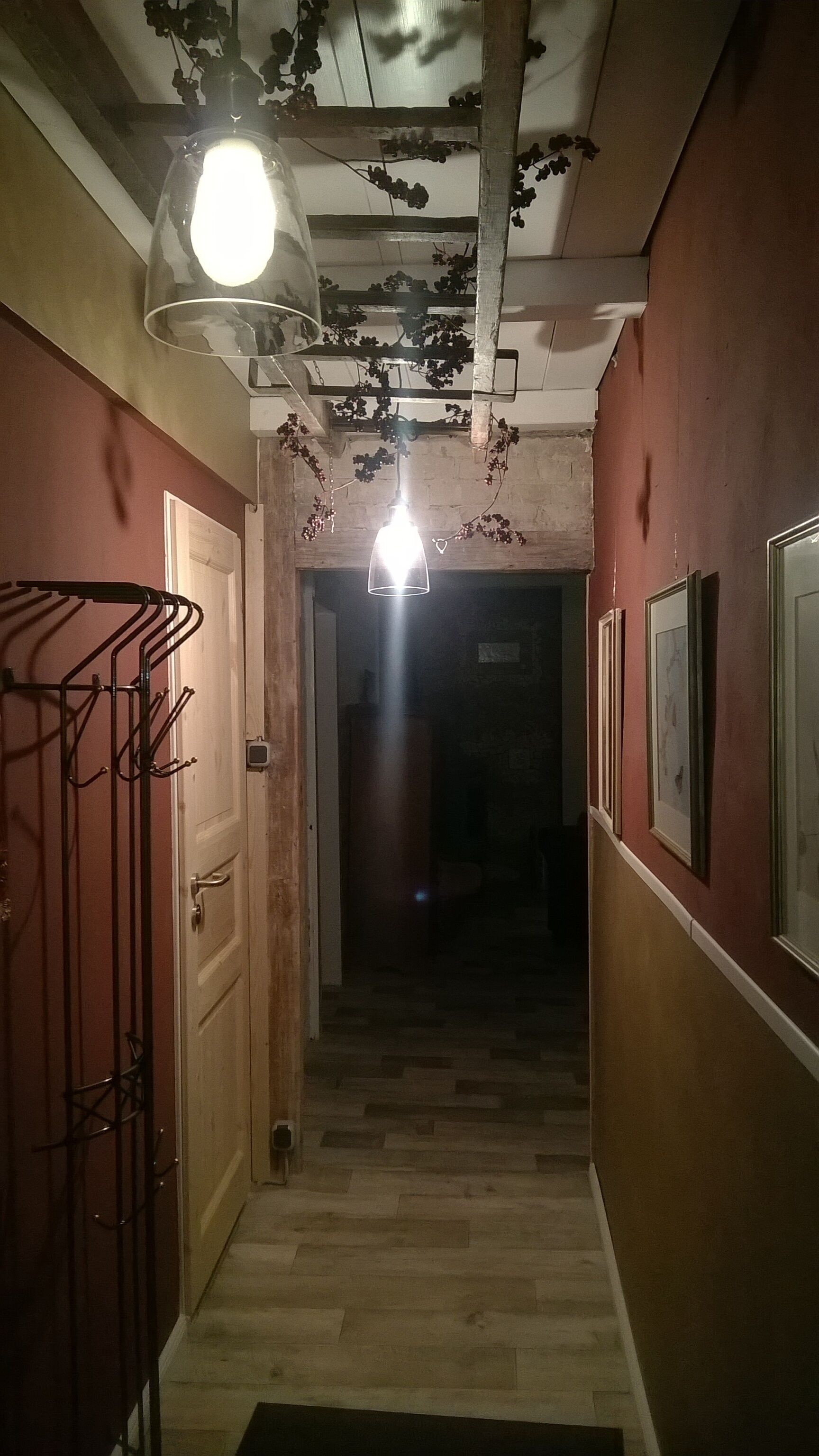 A hallway with wooden flooring, a metal rack, and a door.