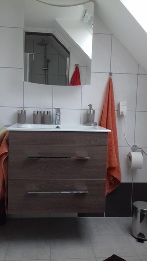 Chuveiro, secador de cabelo, toalhas de banho 