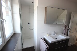 Dusche, Haartrockner, Seife, Toilettenpapier