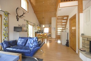 Fernseher, Kamin, Bücher, Stereoanlage