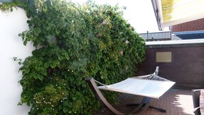 A hammock attached to a wall with dense green foliage and a brick pathway. - Apartment with large terrace only 150 m to the beach. Renovated in 2024 (Grömitz)