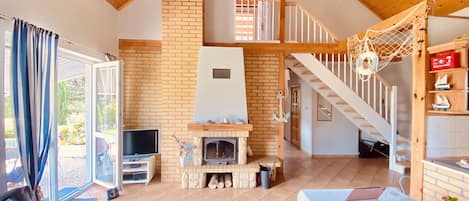 Älytelevisio, takka, DVD-soitin, videokirjasto