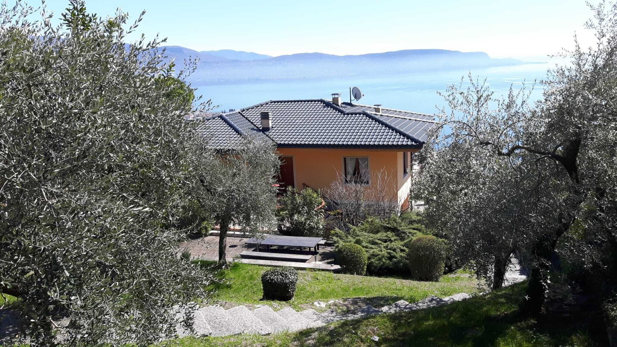 A house with a tiled roof, surrounded by olive trees and a view of a lake.
