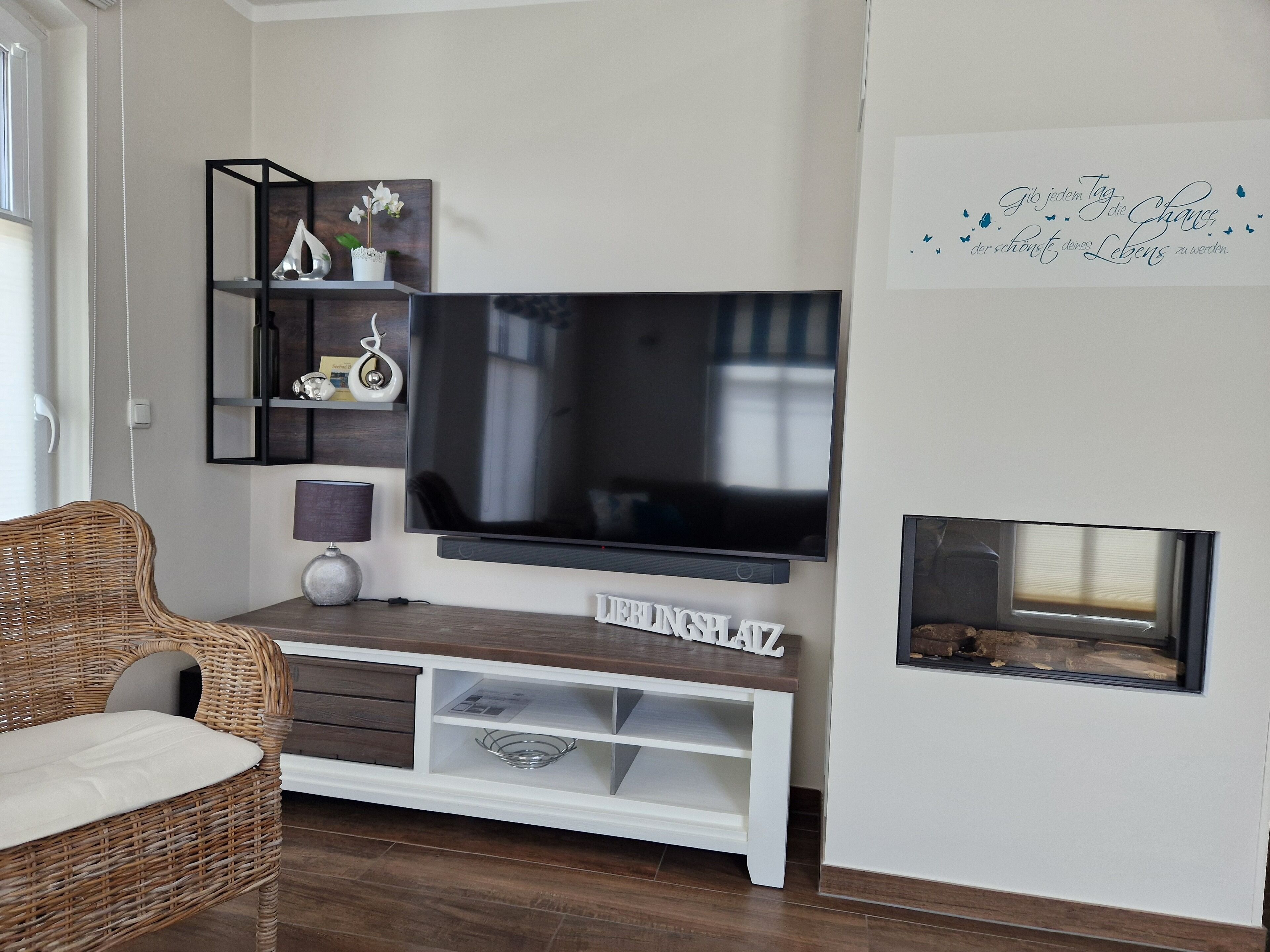 Smart TV, fireplace, DVD player, books