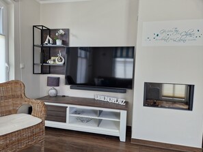 TV connectée, cheminée, lecteur de DVD, livres