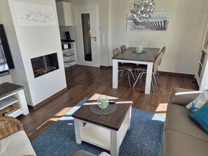 Smart TV, chimenea, reproductor de DVD, libros