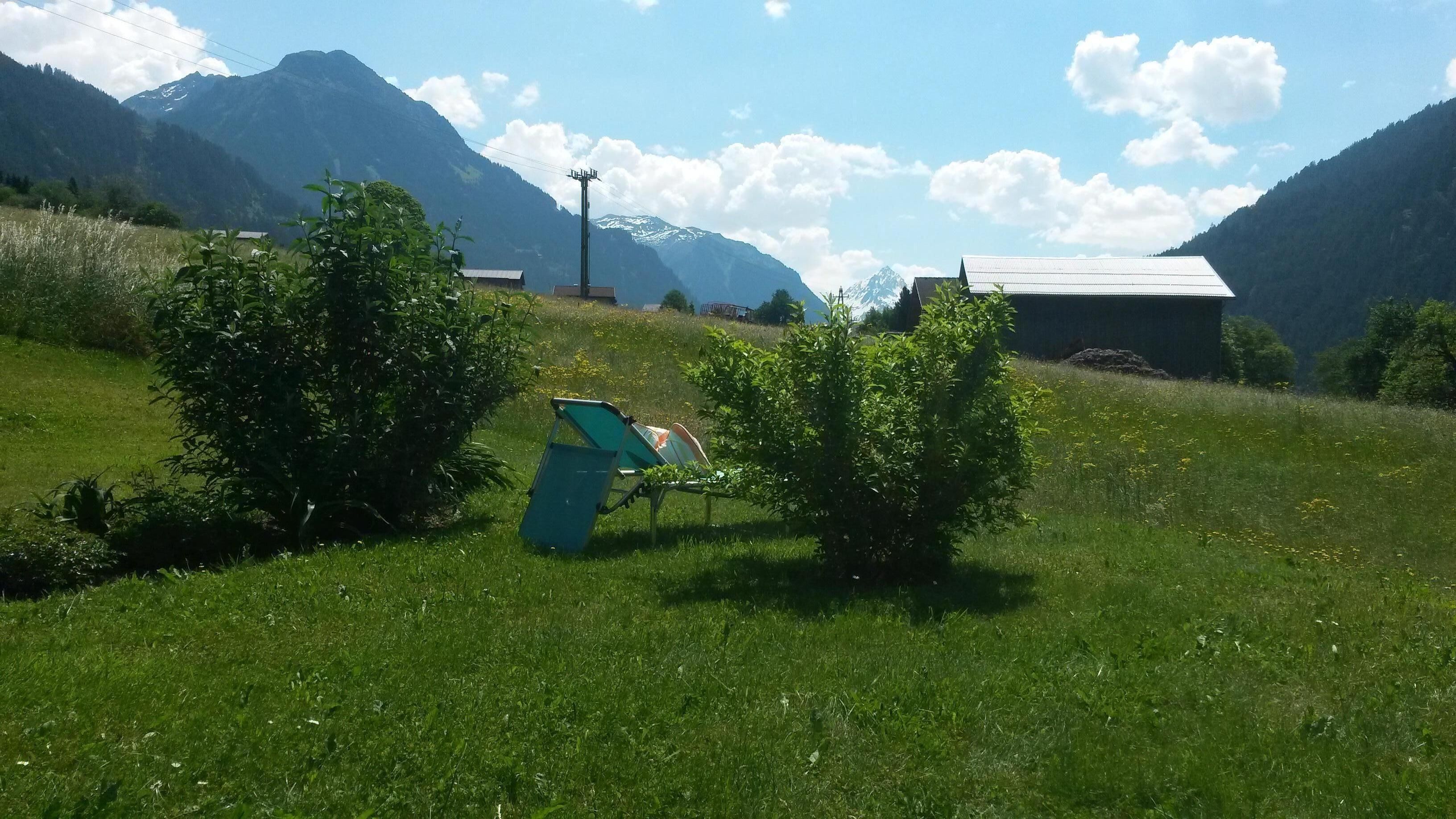 Eine Wiese mit einer kleinen Hütte und einem grünen Stuhl.