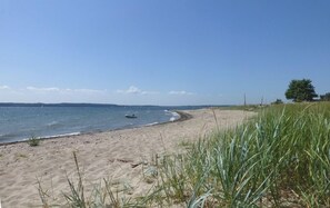 A sandy beach with a boat on the water, a tree, and grass in the foreground.