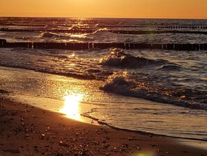 A beach with waves and a pier in the background.