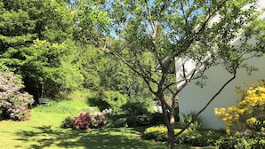A well-maintained garden with various flowering plants and a lawn.
