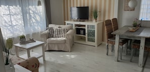 TV, fireplace, DVD player, books