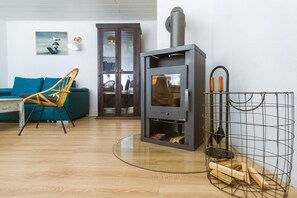 Télévision, cheminée, livres