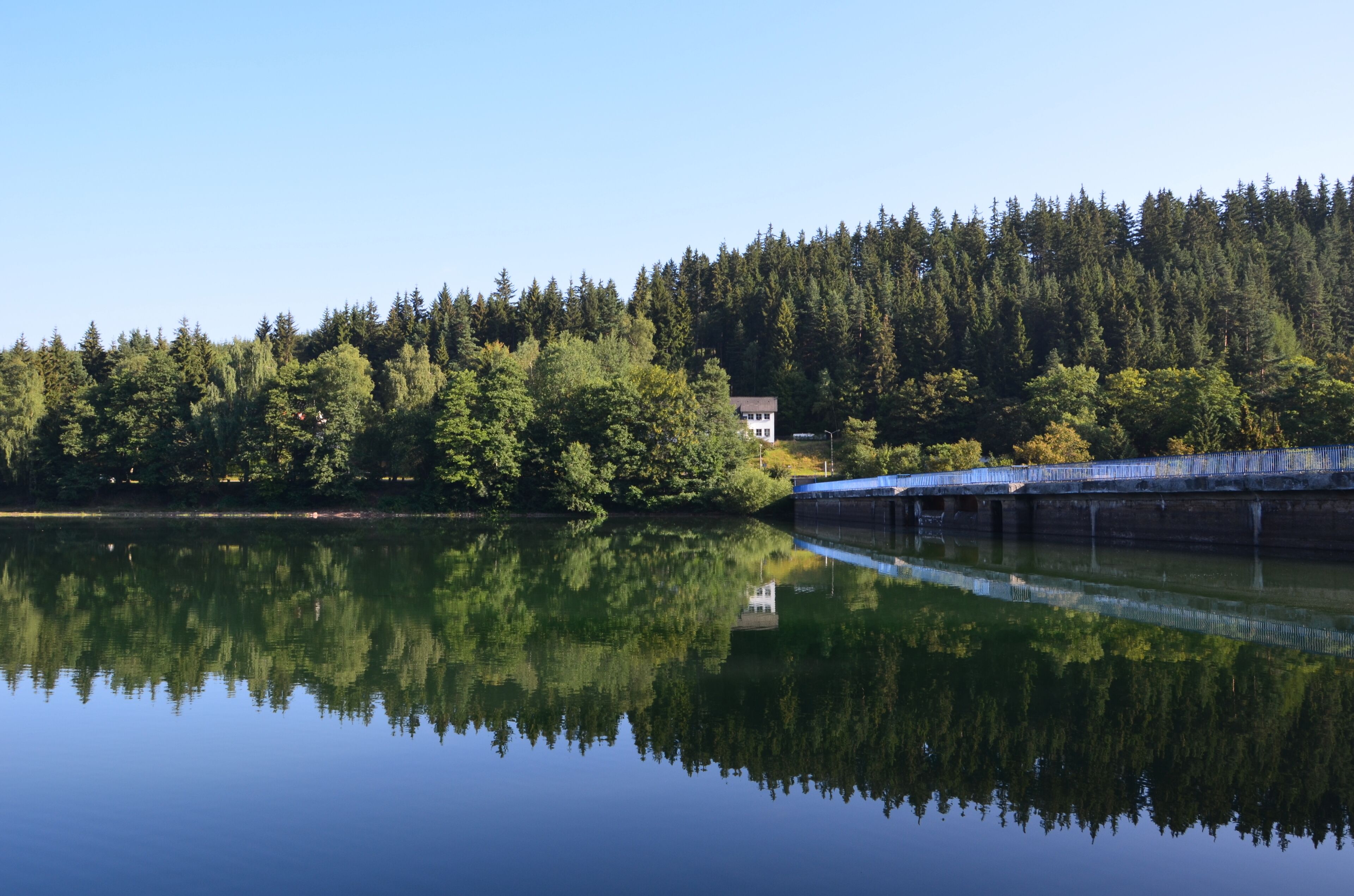 Un lac paisible, bordé d’une forêt dense, et une maison située sur la rive.