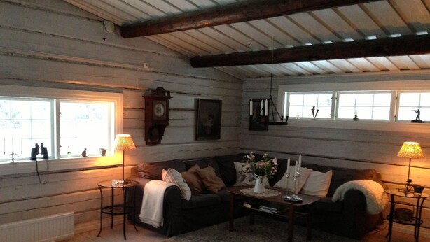 A cozy living room with a dark-colored sofa, a coffee table, and two lamps. There are windows with curtains, a clock on the wall, and a radiator under the windows.