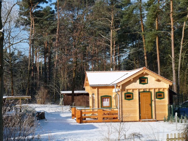 Une cabane en bois dotée d’un porche, entourée d’une forêt enneigée.