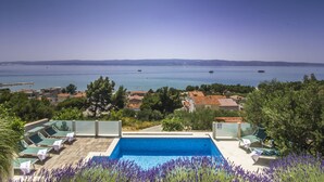 Ein Pool mit Meerblick, umgeben von Liegestühlen und Grünpflanzen.