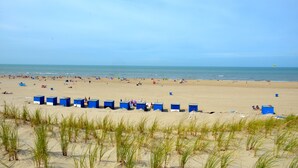 A beach with blue beach huts and people enjoying the sand and sea. - Apartment only 600 m. from the beach, with sunny balcony on the south! (Nordholland)
