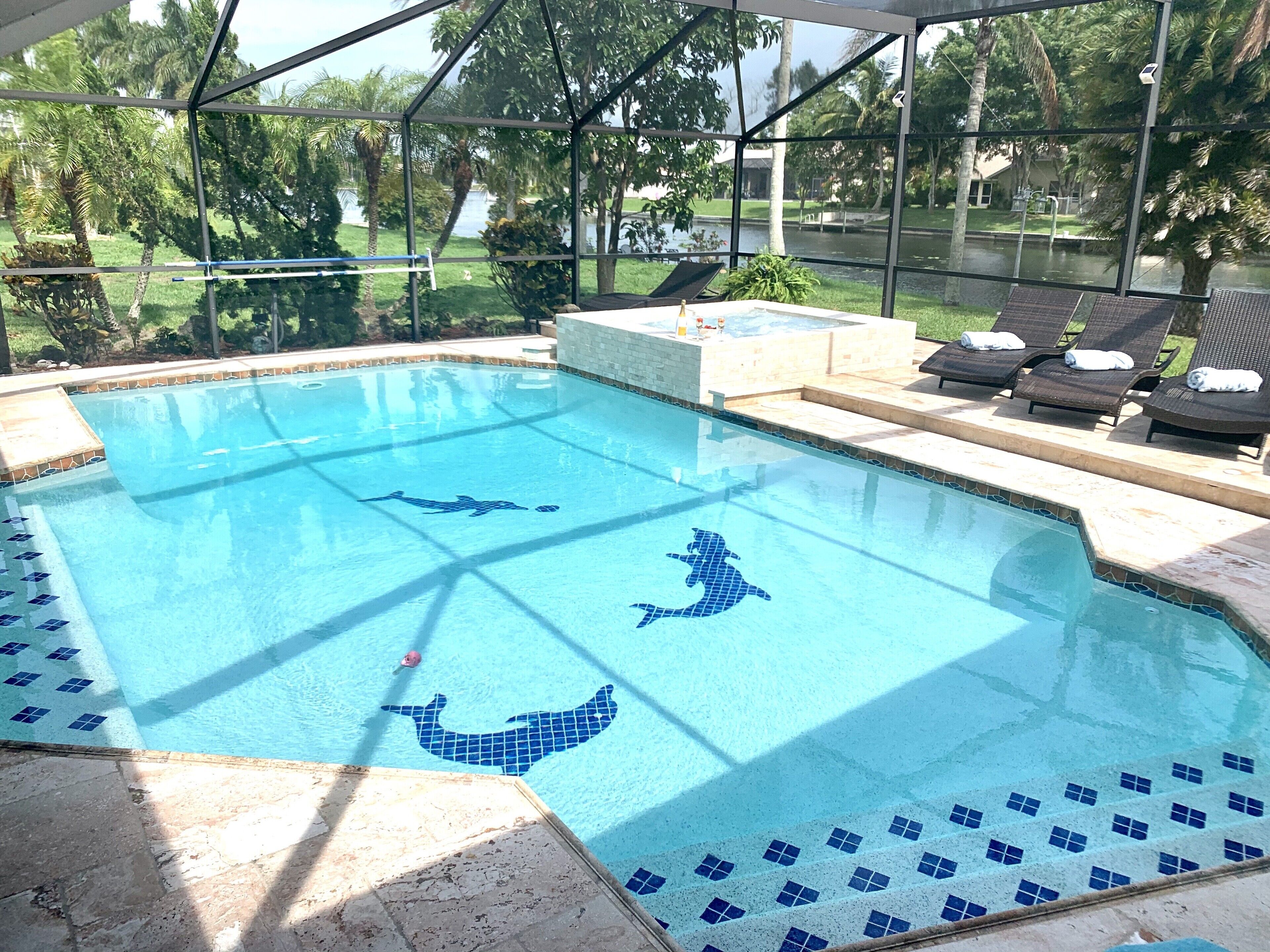 Ein Swimmingpool mit Delphin-Motiven, umgeben von Liegestühlen und einem überdachten Bereich mit Blick ins Freie.