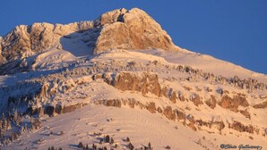 Una montaña nevada con afloramientos rocosos y pocos árboles.