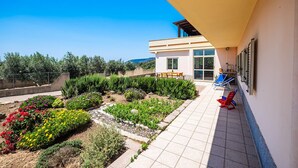 A modern house with a patio, a garden with various plants and flowers, and a view of the landscape. - Large modern hotel in the suburbs. Terrace, WiFi, conservatory low (Gonnesa)