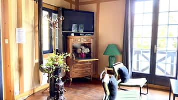 Télévision, cheminée, livres