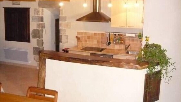 A kitchen with a wooden island, stone walls, and a hanging light fixture. - Cozy cottage in the village of 4 Tours (Valvignères)