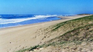 A beach with a clear sky and waves.