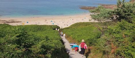 Nära stranden och solstolar