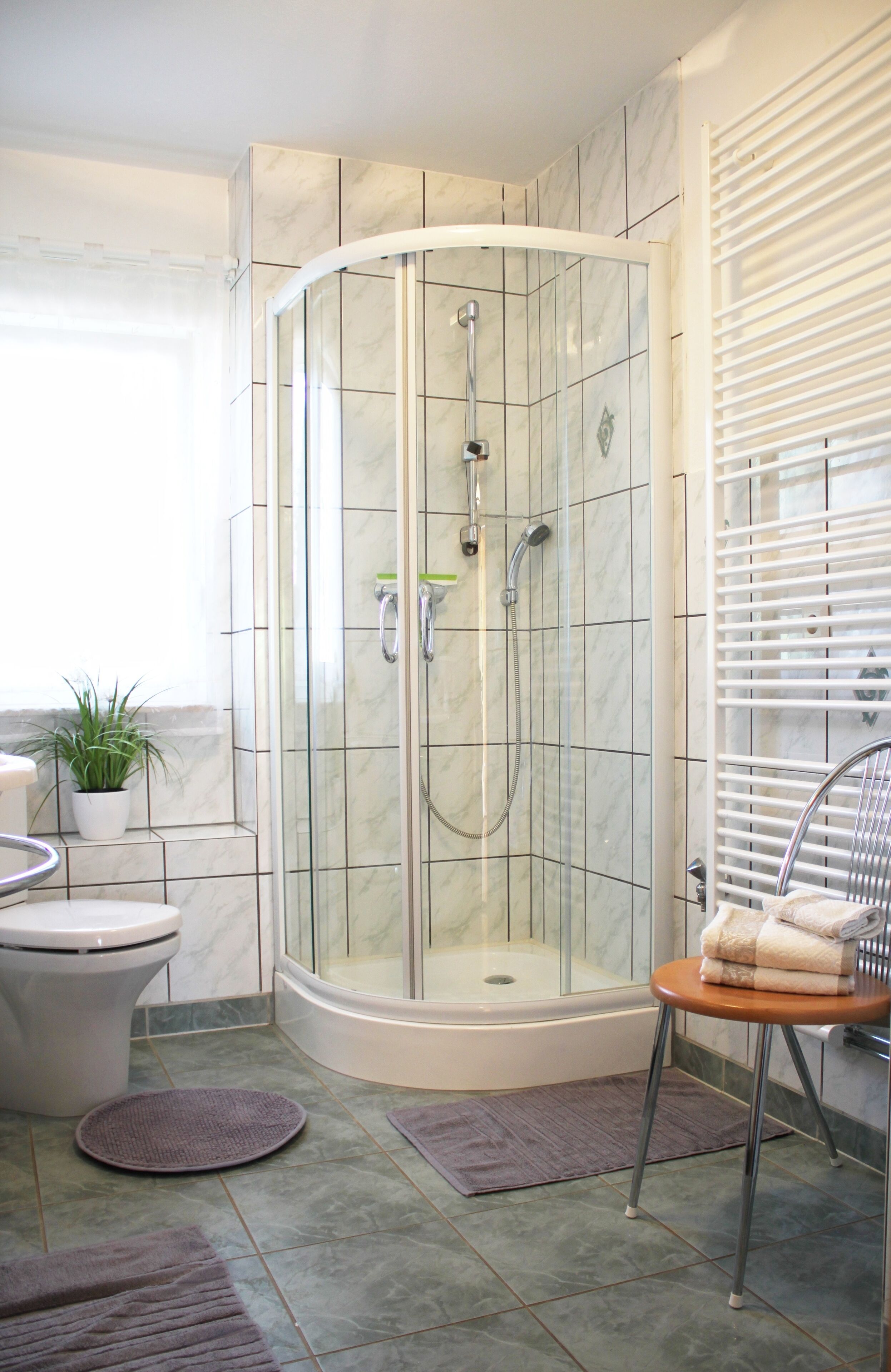 A modern bathroom with a glass-enclosed shower, a toilet, a sink, and a towel rack.
