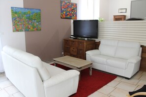 TV, fireplace, books