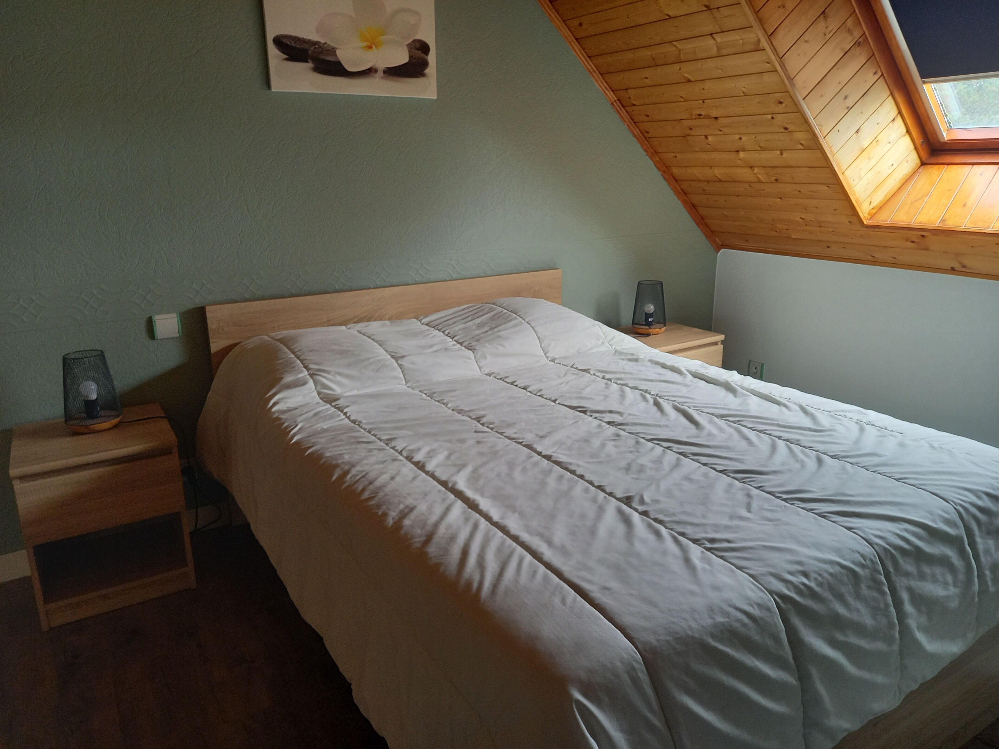 A bedroom with a sloped ceiling, a bed with a white duvet, two bedside tables, and a wall-mounted lamp.