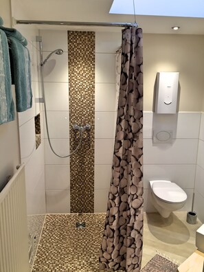 Shower, towels, soap, toilet paper