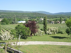 A rural landscape with fields, trees, and a few buildings in the distance.