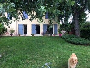 A house with a well-maintained lawn and a dog in the foreground.