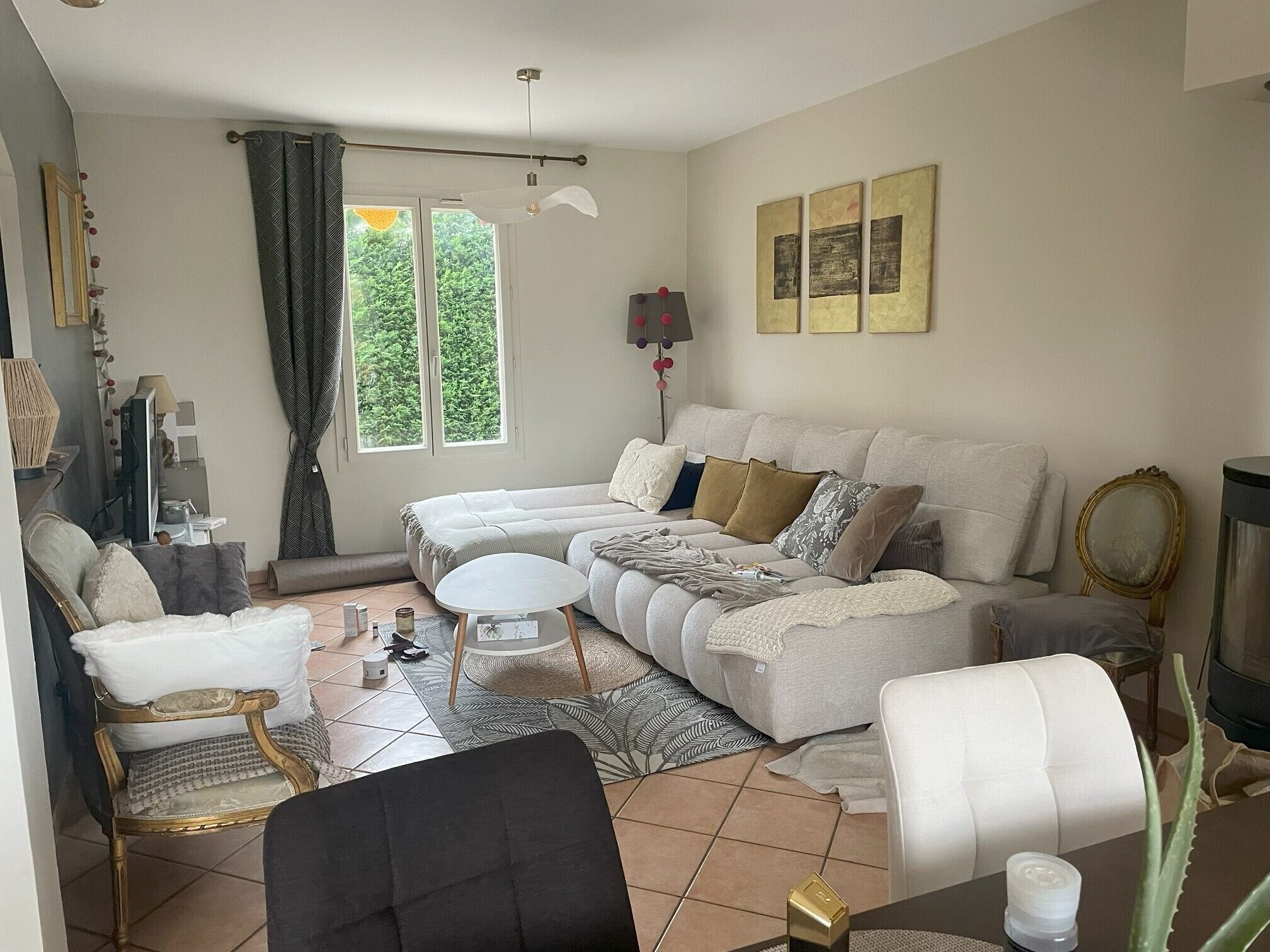 Televisio, takka, DVD-soitin, kirjoja