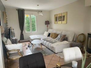 Televisión, chimenea, reproductor de DVD y libros