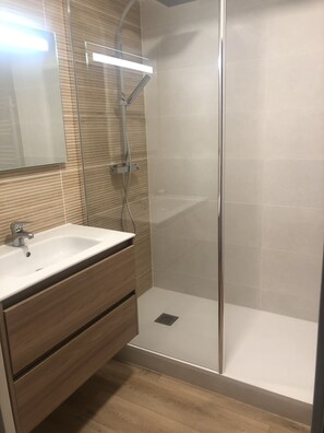 Regadera, secadora de cabello, papel de baño 