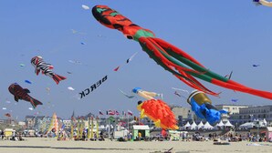 Een strand met vele vliegeren in de lucht.