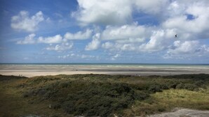 Een strand met een heldere lucht, enkele wolken en een vogel in de verte.