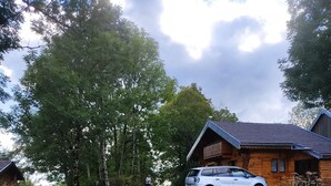 A wooden cabin with a car parked in front, surrounded by lush greenery and trees.