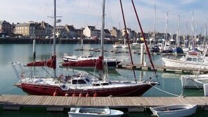 A marina with multiple boats docked, a wooden dock, and buildings in the background.