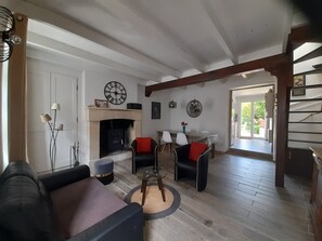 Télévision, cheminée, lecteur de DVD, livres