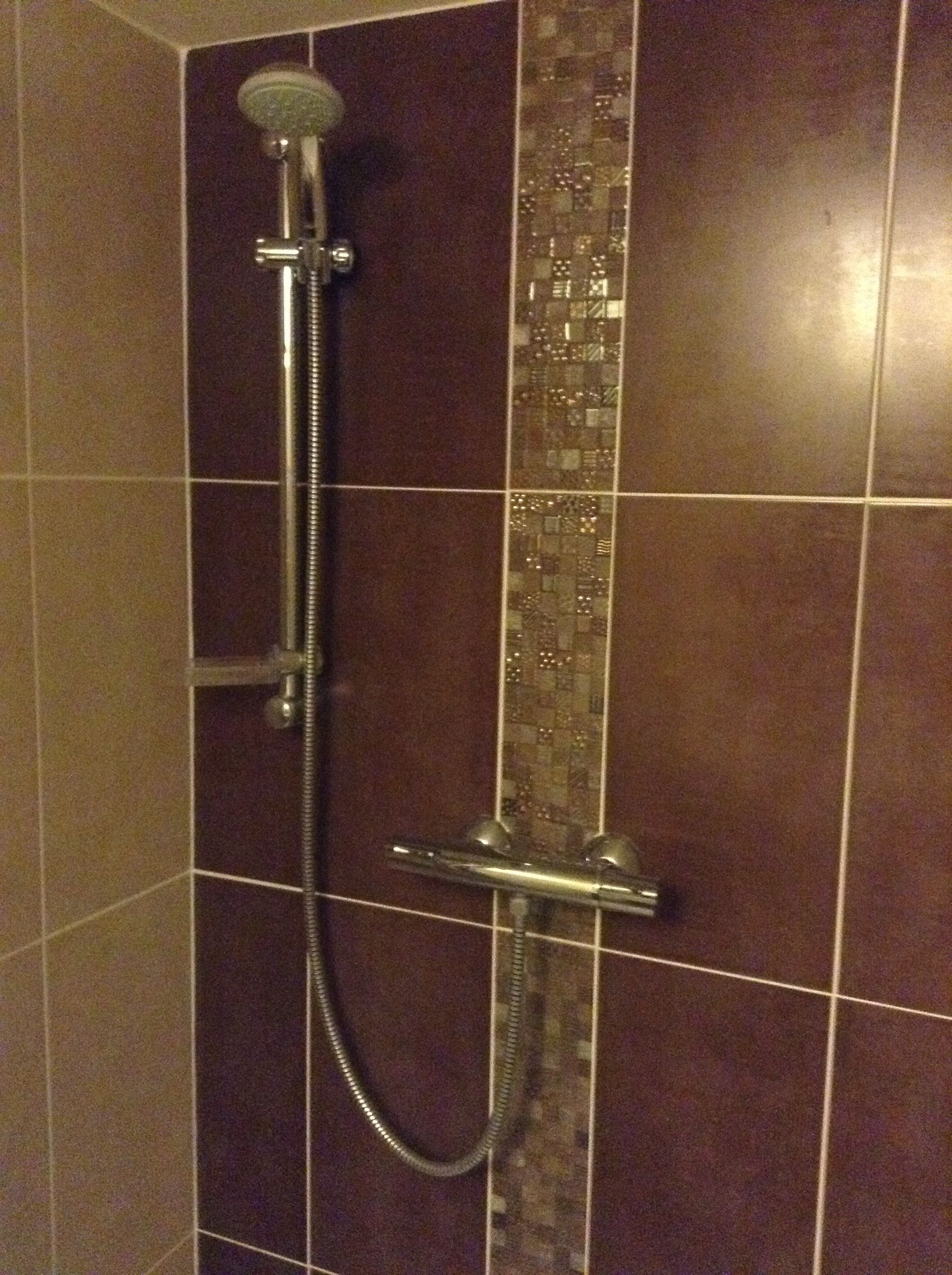A shower with a handheld showerhead and a wall-mounted control panel.